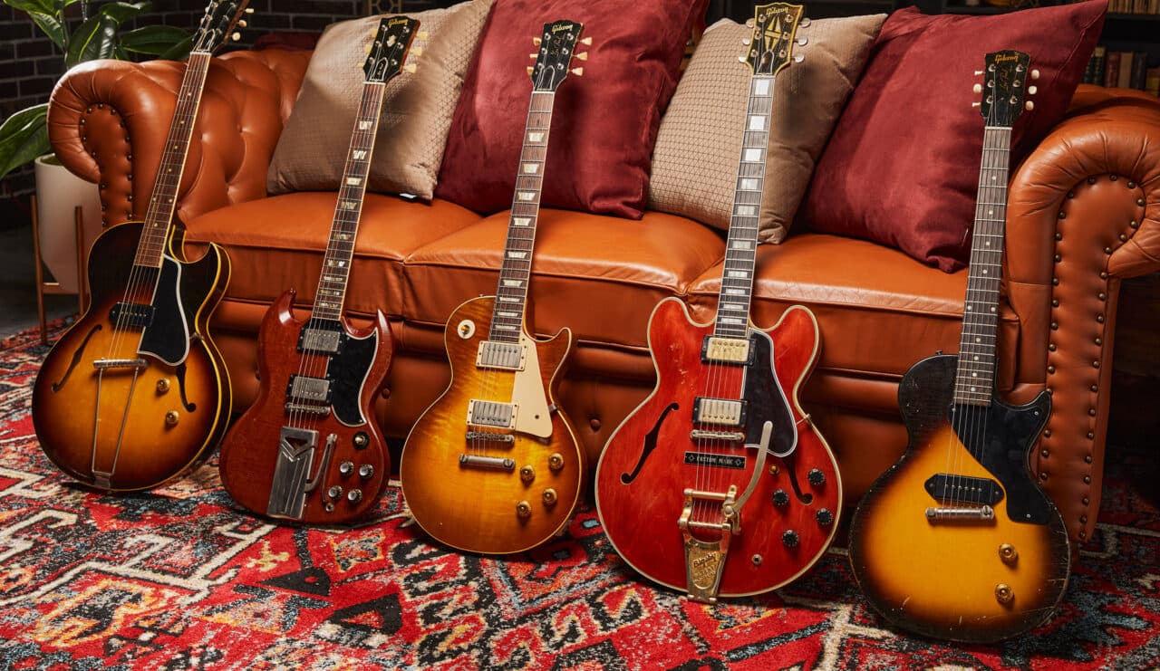 A selection of vintage Gibson electric guitars.
